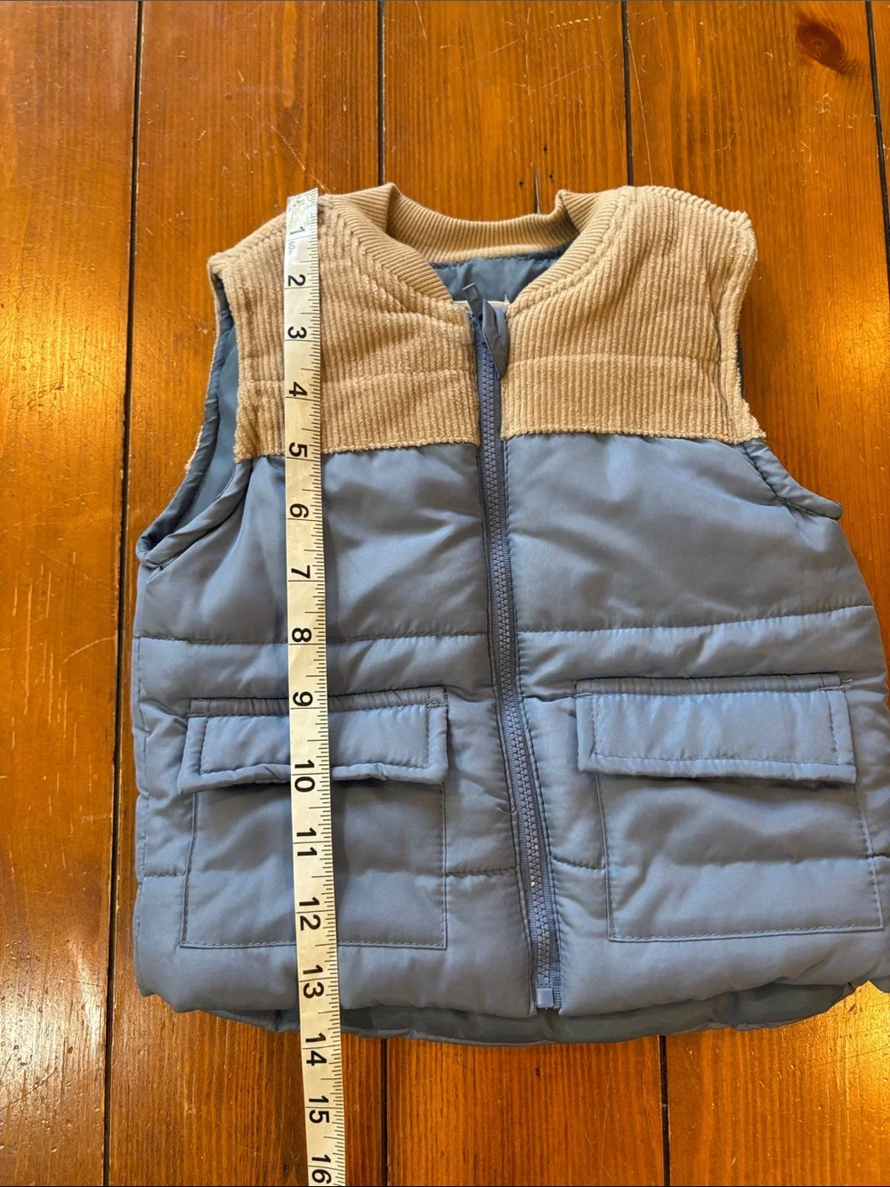 Tahari Baby Blue Puffer Vest With Tan Corduroy Trim Boys Size 18 Months EUC